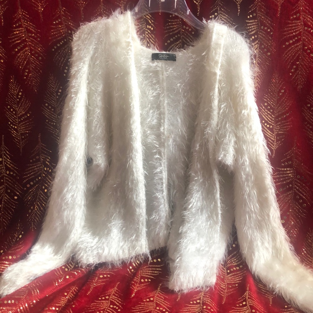 White Jessica Simpson Faux Fur Coat with Hood.